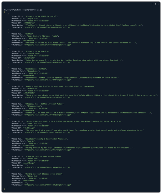 YouTube search results API example