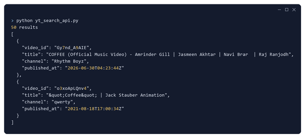Console output of the search script, fifty results reported and the first two printed with video id, title, channel and publication timestamp