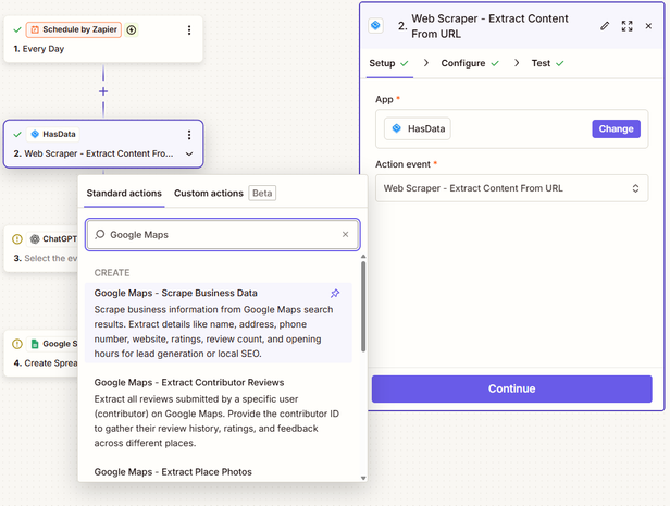 Zapier Setup tab with HasData as the app, the event search filtered to Google Maps, and Google Maps - Scrape Business Data highlighted above Extract Contributor Reviews and Extract Place Photos