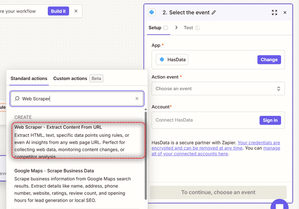 Action event list of the HasData app with Web Scraper - Extract Content From URL highlighted