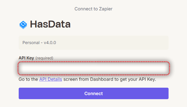HasData connect window in Zapier with the required API Key field