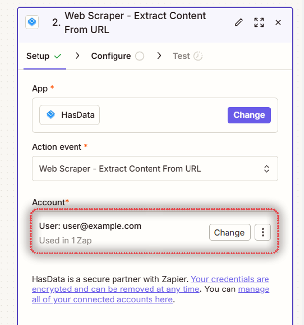 HasData step setup with the account connected