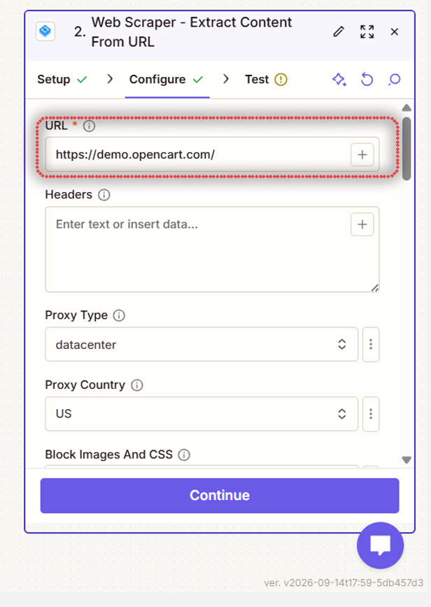 Configure tab of the HasData step with the URL field highlighted