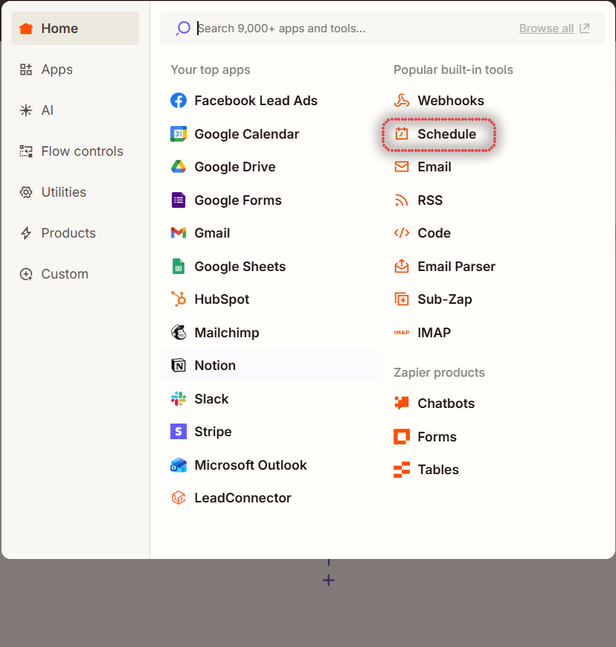 Zapier app picker with Schedule in the built-in tools column