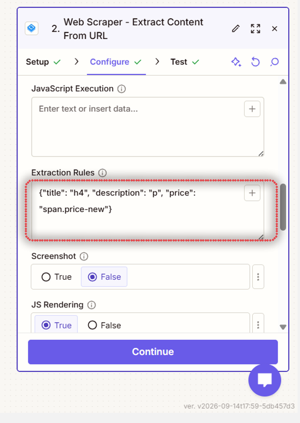 Extraction Rules field with a JSON object mapping title, description, and price to CSS selectors