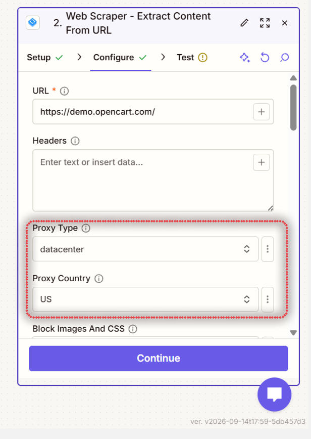 Proxy Type and Proxy Country fields of the HasData step, set to datacenter and US