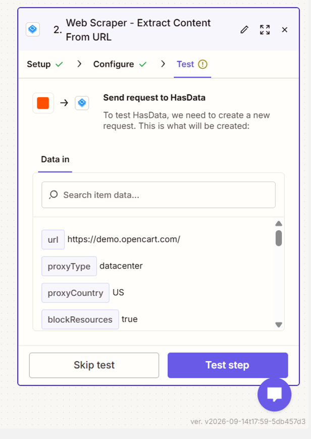 Test preview listing the request that will be sent to HasData