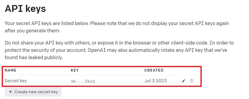 Copy API key