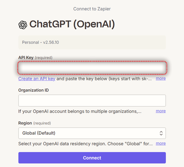 ChatGPT connect window in Zapier with API Key, Organization ID, and Region fields