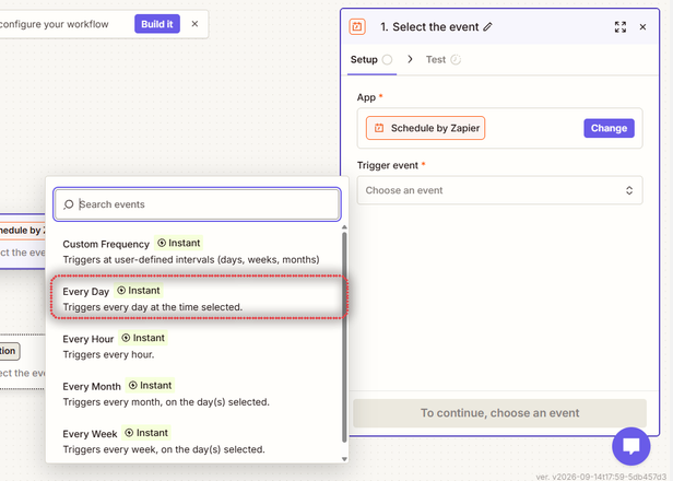 Trigger event dropdown of Schedule by Zapier with Every Day highlighted