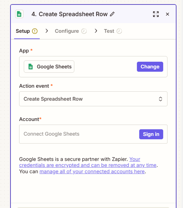 Google Sheets action setup in Zapier asking to connect an account with the Sign in button