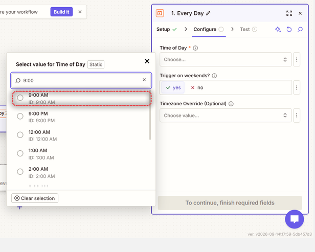 Time of Day picker of the Every Day trigger with 9:00 AM selected