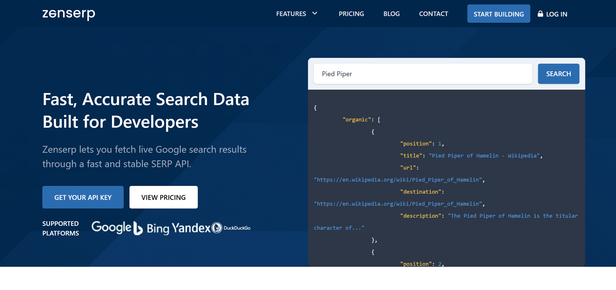 The Zenserp home page, a heading about search data built for developers beside a demo query and its JSON response, with Google, Bing, Yandex and DuckDuckGo listed as supported platforms