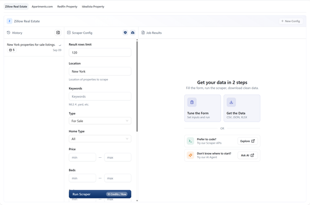 HasData no-code Zillow Real Estate Scraper with the rows limit, location, keywords, and property-type filters, and the Run Scraper button showing the per-row cost