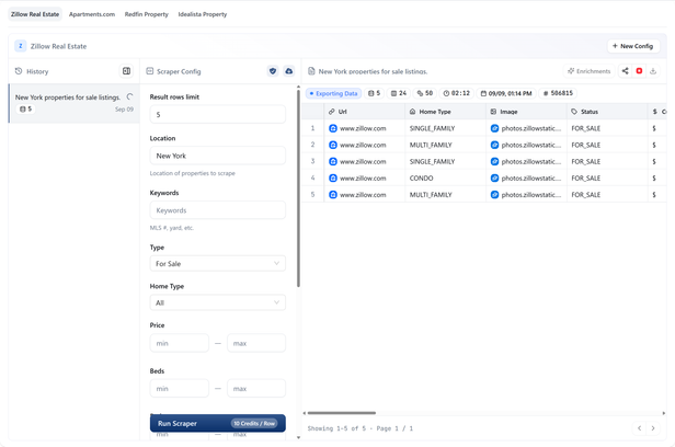 Results panel of a finished HasData no-code Zillow run, with the scraped listing rows, the job metadata, and the export control