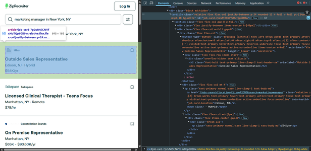 Screenshot of DevTools with highlighted job card element and its HTML structure