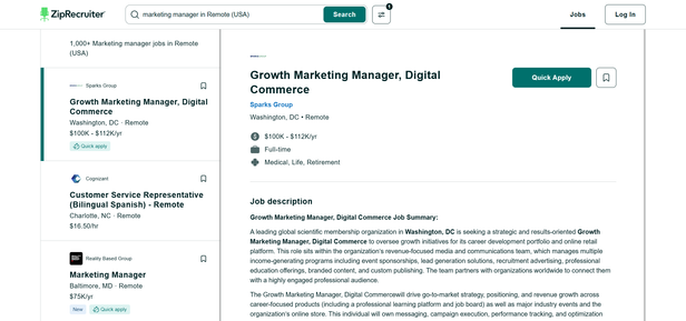 Screenshot of ZipRecruiter search results page with job cards visible