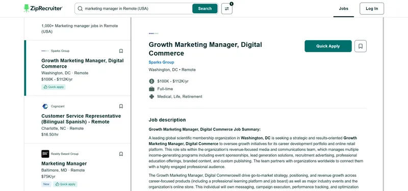 Screenshot of ZipRecruiter search results page with job cards visible