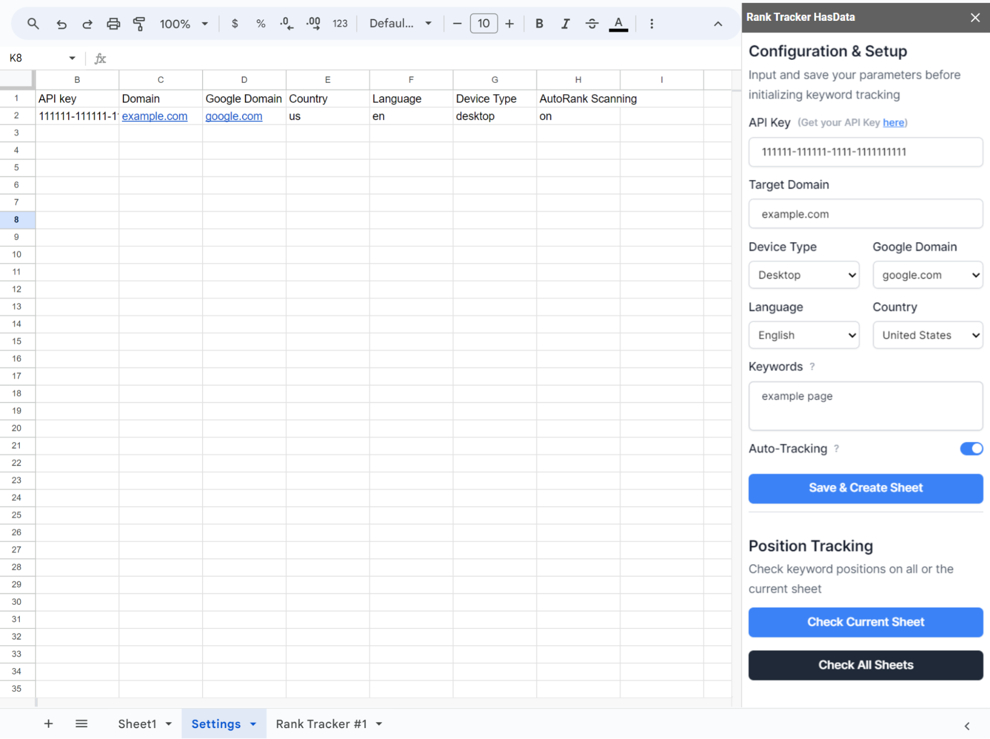 Settings page with saved configurations for all Rank Trackers